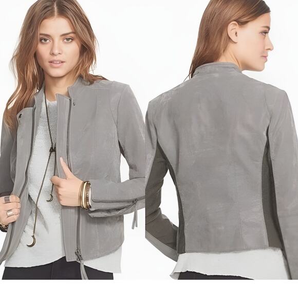 Free People Gray Faux Vegan Leather Zip Up Moto Jacket Women Sz 10 - Picture 1 of 16